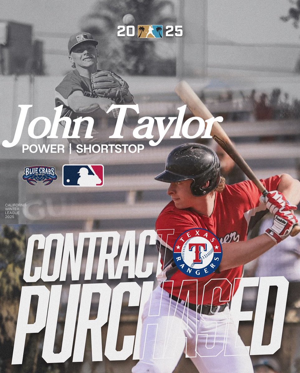 CalWinterLeague's tweet image. 𝐂𝐎𝐍𝐓𝐑𝐀𝐂𝐓 𝐏𝐔𝐑𝐂𝐇𝐀𝐒𝐄𝐃

John Taylor is headed to the big leagues! After his stint with the Palm Springs Power in the California Winter League earlier this year, John Taylor signed with the @BlueCrabs, and is now on his way to the @Rangers organization!…