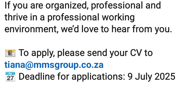 We are hiring a Receptionist at MMS Group in Roodepoort.

Email your CV to tiana@mmsgroup.co.za
Closing Date 9 July 2025