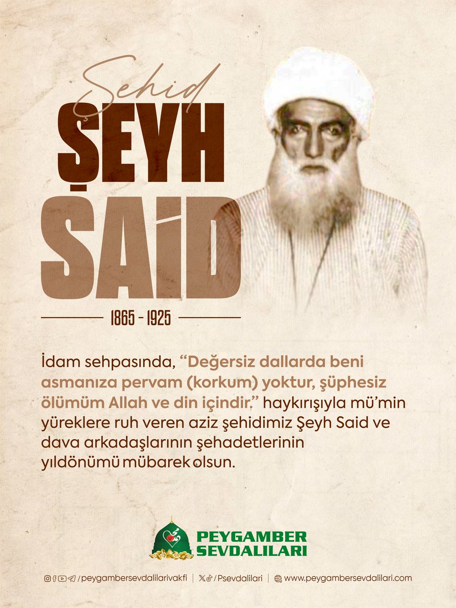 Şehadetlerinin 100. yıldönümünde, Şeyh Said Efendi ve yarenlerini rahmetle yâd ediyor; mezar yerlerinin açıklanması çağrımızı bir kez daha yineliyoruz. 

#ŞehidŞeyhSaid