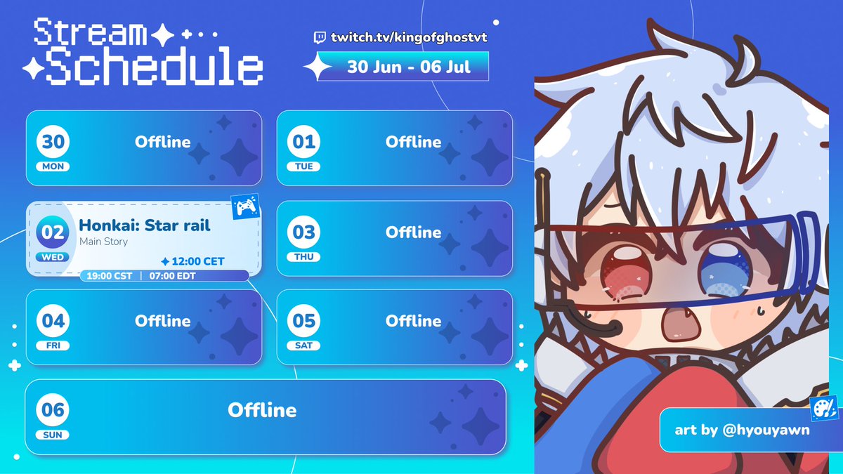 Hier ist mein neuer Streamplan für die nächste Woche.

Wir werden uns weiterhin auf die HSR-Mainstory fokussieren.

🛰️ MI: Wir werden hoffentlich mit der Main Story von HSR 3.4 abschließen und uns auf Phainon Pulls vorbereiten.

#GERVtuber