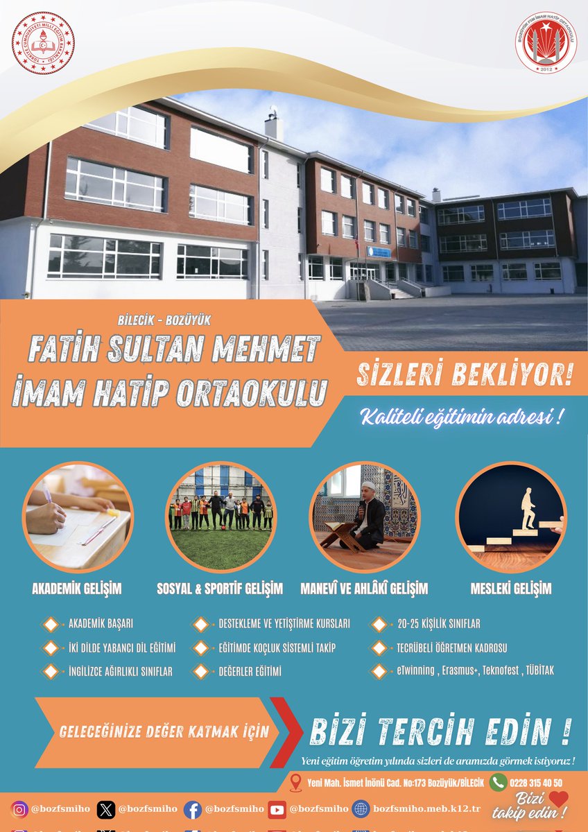 Fatih Sultan Mehmet İmam Hatip Ortaokulu (@bozfsmiho) on Twitter photo 📝 5. sınıfa başlayacak öğrencilerimizi, okulumuzun güçlü eğitim ortamına davet ediyoruz.
#BilenProgramı
<a href="/tcmeb/">Millî Eğitim Bakanlığı</a>
<a href="/meb_dinogretimi/">MEB Din Öğretimi Genel Müdürlüğü</a>
<a href="/FaikSOZER/">Faik Oktay SÖZER</a>
<a href="/bilecikvaliligi/">BİLECİK VALİLİĞİ</a>
<a href="/ademozturk65/">Adem ÖZTÜRK</a>
<a href="/bozuyukkaymakam/">Bozüyük Kaymakamlığı</a>
<a href="/srdl_simsek/">Serdal Şimşek</a>
<a href="/bilecikmem/">Bilecik İl Milli Eğitim Müdürlüğü</a>
<a href="/servetcetinkaya/">Servet ÇETİNKAYA</a>
<a href="/bozuyukilcemem/">Bozüyük İlçe MEM</a> 📝 5. sınıfa başlayacak öğrencilerimizi, okulumuzun güçlü eğitim ortamına davet ediyoruz.
#BilenProgramı
<a href="/tcmeb/">Millî Eğitim Bakanlığı</a>
<a href="/meb_dinogretimi/">MEB Din Öğretimi Genel Müdürlüğü</a>
<a href="/FaikSOZER/">Faik Oktay SÖZER</a>
<a href="/bilecikvaliligi/">BİLECİK VALİLİĞİ</a>
<a href="/ademozturk65/">Adem ÖZTÜRK</a>
<a href="/bozuyukkaymakam/">Bozüyük Kaymakamlığı</a>
<a href="/srdl_simsek/">Serdal Şimşek</a>
<a href="/bilecikmem/">Bilecik İl Milli Eğitim Müdürlüğü</a>
<a href="/servetcetinkaya/">Servet ÇETİNKAYA</a>
<a href="/bozuyukilcemem/">Bozüyük İlçe MEM</a>