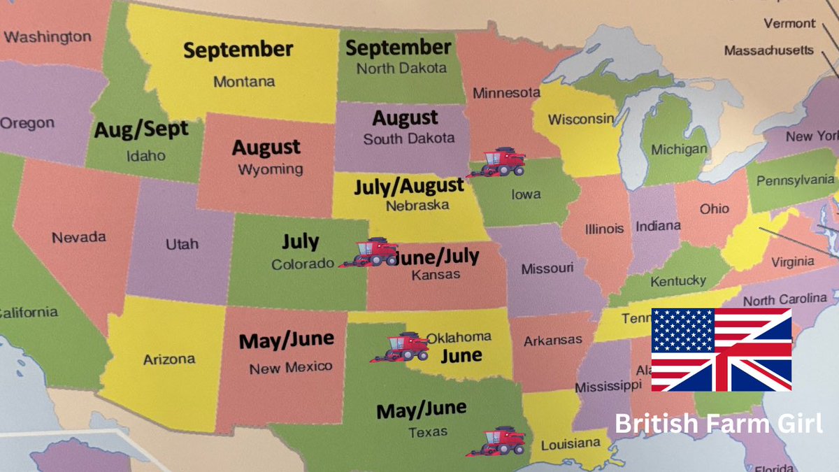 LittleBigFarm's tweet image. Welcome to the channel!
If you take a look at the map, you&apos;ll see we kicked things off in Iowa, made our way down through Texas and Oklahoma, and are currently working our way up through Kansas.
The map below gives a rough timeline of the route that custom harvesters follow l