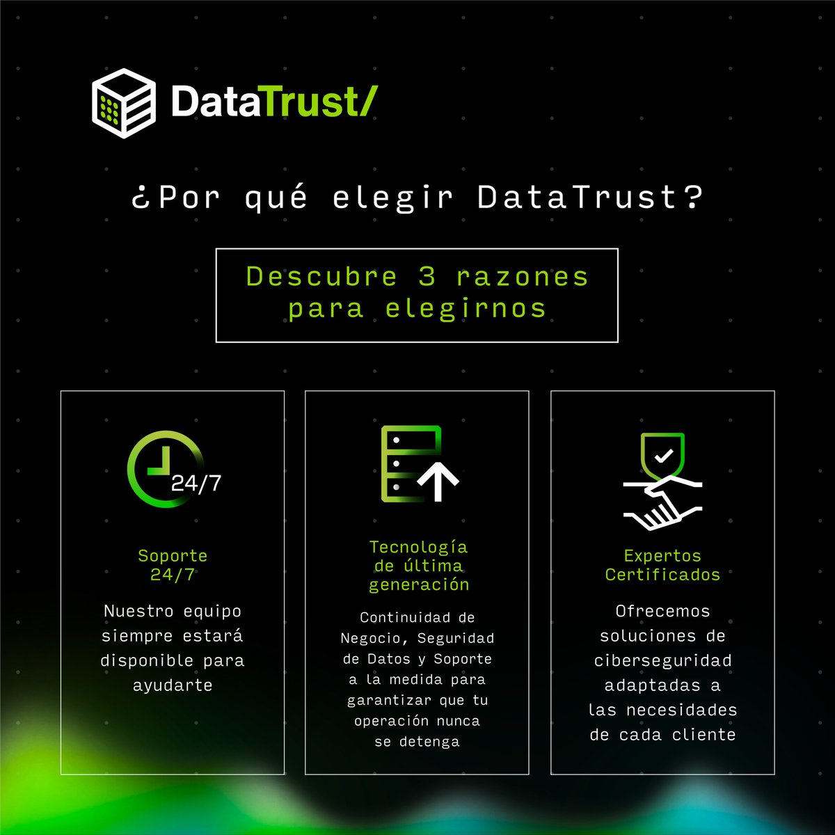 Soluciones personalizadas, soporte 24/7 y tecnología avanzada para tu tranquilidad. 💼

Descubre más en datatrust.sv o agenda tu cita al +503 2537-0000.