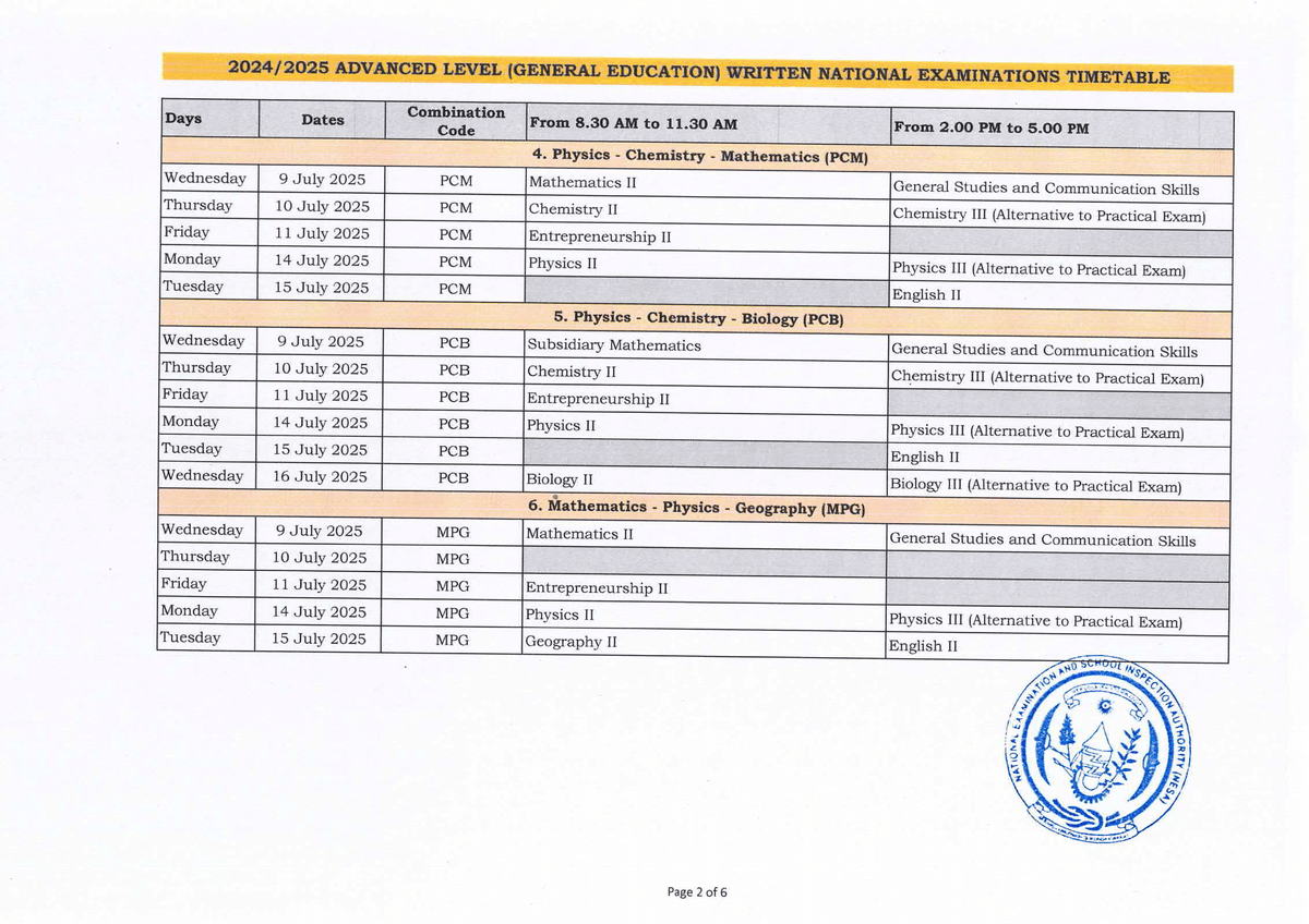 Advanced Level Time Table Advanced Level (General Education) National Exams Timetable (2024/2025 ...