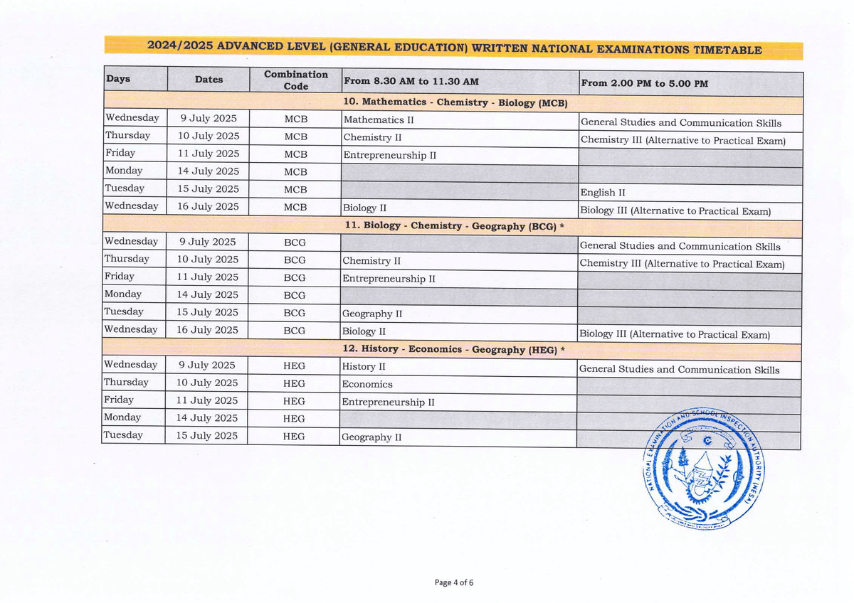 Advanced Level Time Table Advanced Level (General Education) National Exams Timetable (2024/2025 ...