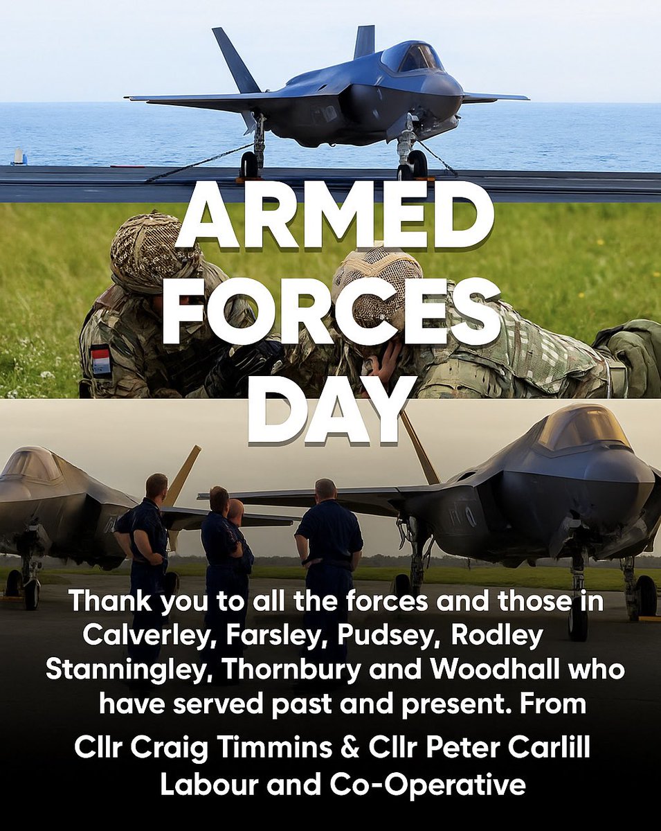 Thank you to all our forces and those who have served on Armed Forces Day from <a href="/petercarlill/">Cllr Peter Carlill</a> and myself
#ArmedForcesDay #Calverley #Farsley #Pudsey #Rodley #Stanningley #Woodhall #Thornbury