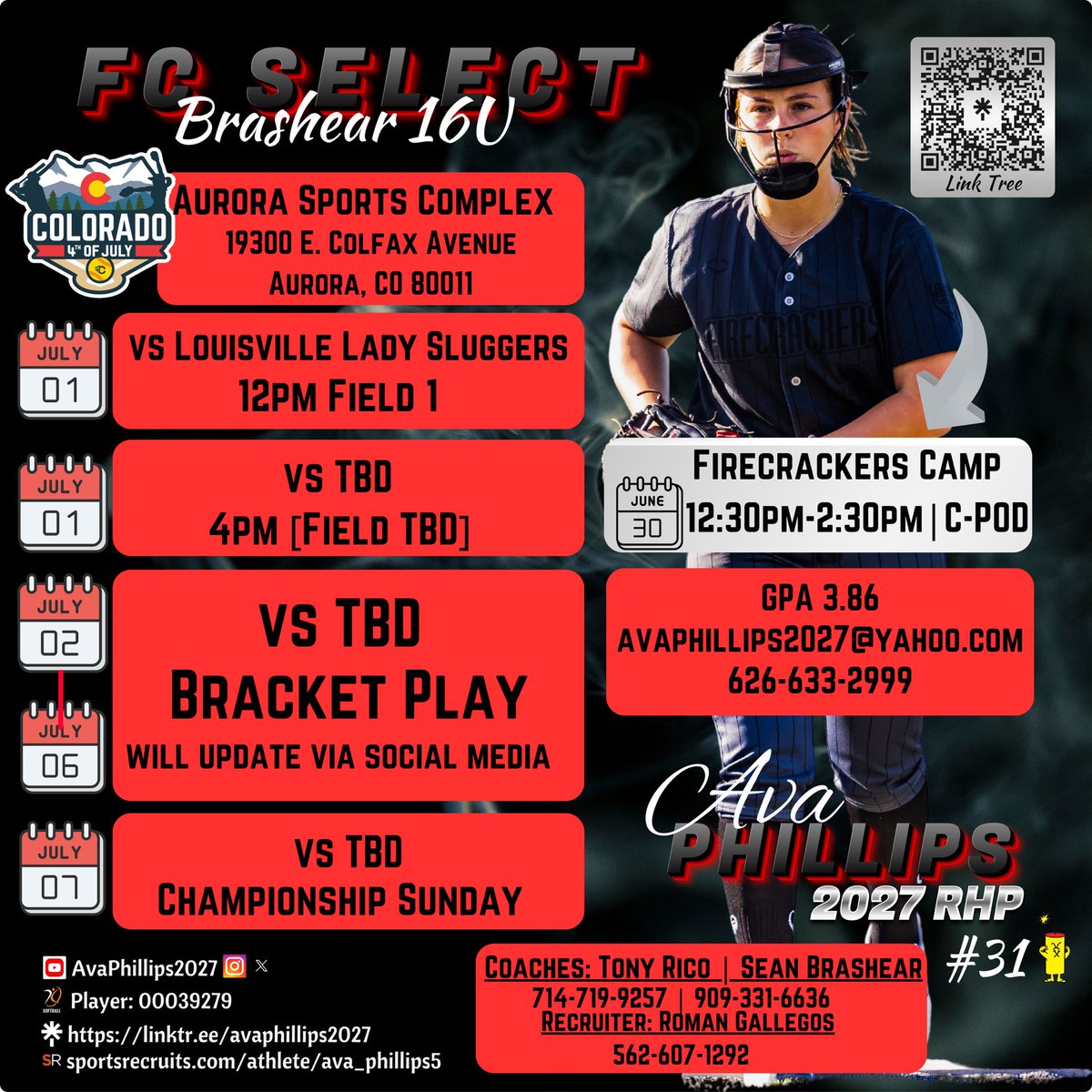 AvaPhillips2027's tweet image. Next up: @tcfastpitch @COSparkFire Colorado Sparkler National Power Pool and Firecrackers Organizational Camp [June 30]. Come check out our talented team! Wishing safe travels to all the coaches coming to Colorado! 🥎☀️

#playwithpassion #leaveitallonthefield #jeremiah2911 ✝️…