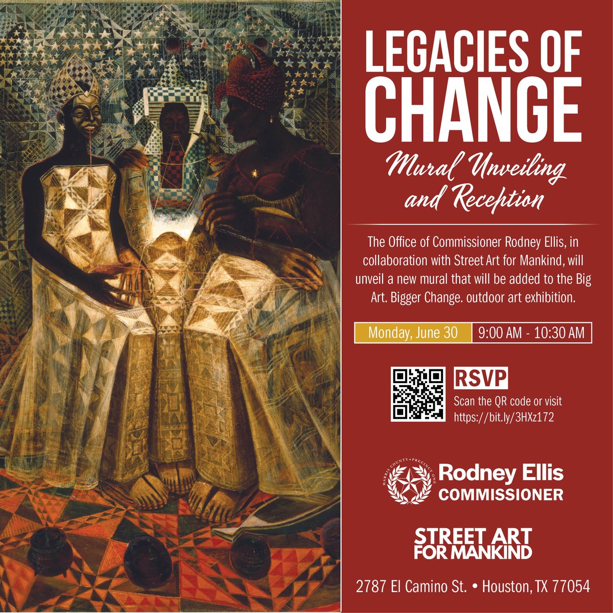 We are excited to invite you to the unveiling of our 62nd mural, in partnership with Street Art for Mankind, on Monday, June 30th, at our Administrative Building and Community Center (2787 El Camino St., Houston, TX 77054).

🔗 RSVP today at bit.ly/3HXz172.