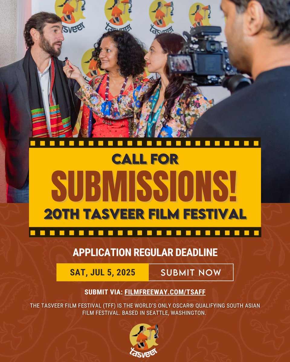 🎬 South Asian storytellers—your spotlight awaits.
 Submit to the 20th Tasveer Film Festival &amp; join a global stage for bold, diaspora-driven cinema.
✅ All genres | English subs | Seattle premiere
 🗓 Deadline: July 5
 🎟️ filmfreeway.com/TSAFF
 #TFFM2025 #SouthAsianCinema