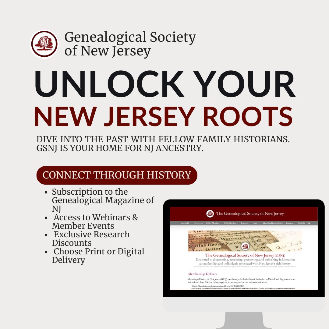 Why join GSNJ?

Members get:
📖 Subscription to the Genealogical Magazine of New Jersey
📰 GSNJ Newsletter + NewsBrief e-zine
🎓 Exclusive webinar access
📚 Bookstore discounts
🗳️ Voting rights (Individual/Family)

Join or renew: f.mtr.cool/syherbfmfa

#NewJersey #Genealogy