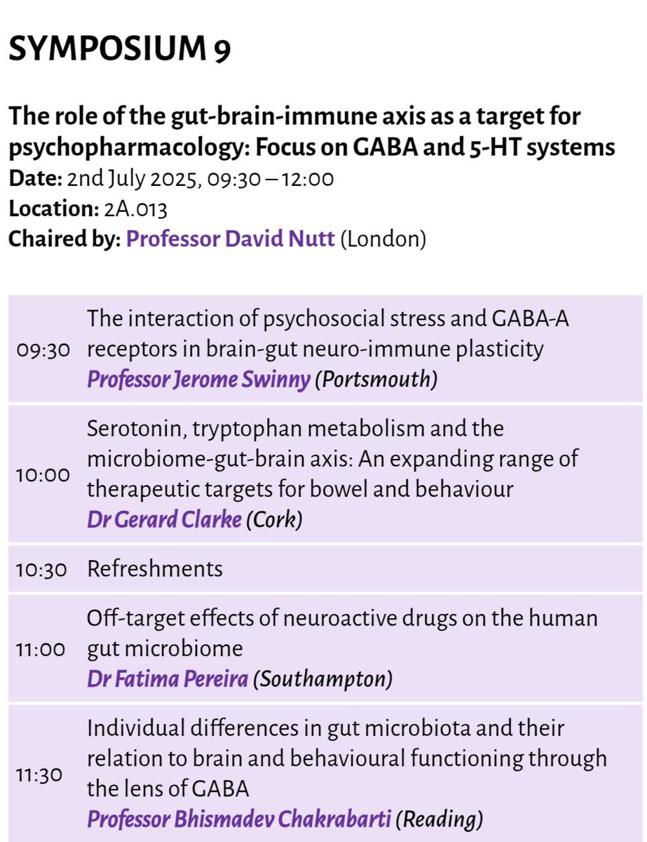 Come along to Symposium 9 on Wednesday during #BAP2025 to hear all about about #gutmicrobes #tryptophan #serotonin #stress #GABA #drugsandbugs  <a href="/Pharmabiotic/">APC Microbiome Ireland</a> <a href="/BAPsych/">BAP</a>