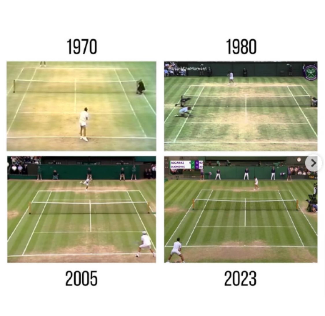 Así ha sido la evolución del tenis en los últimos 50 años.

Nada mejor que Wimbledon para poder explicarlo.

En los 70 y 80 teníamos raquetas de madera. Más pesadas y difíciles de mover para ganar el punto desde el fondo. Por eso se subía más a la red, para cerrar los puntos.