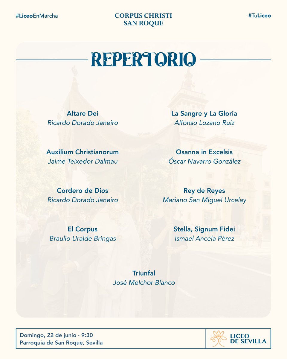Banda de Música Liceo de Sevilla (@bmliceosevilla) on Twitter photo 🟠Este fue el repertorio de la procesión del Christi del pasado domingo 22 de Junio.
<a href="/PSanRoqueSev/">Parroquia de San Roque (Sevilla)</a>
#TuLiceo
#LiceoDeSevilla 🟠Este fue el repertorio de la procesión del Christi del pasado domingo 22 de Junio.
<a href="/PSanRoqueSev/">Parroquia de San Roque (Sevilla)</a>
#TuLiceo
#LiceoDeSevilla