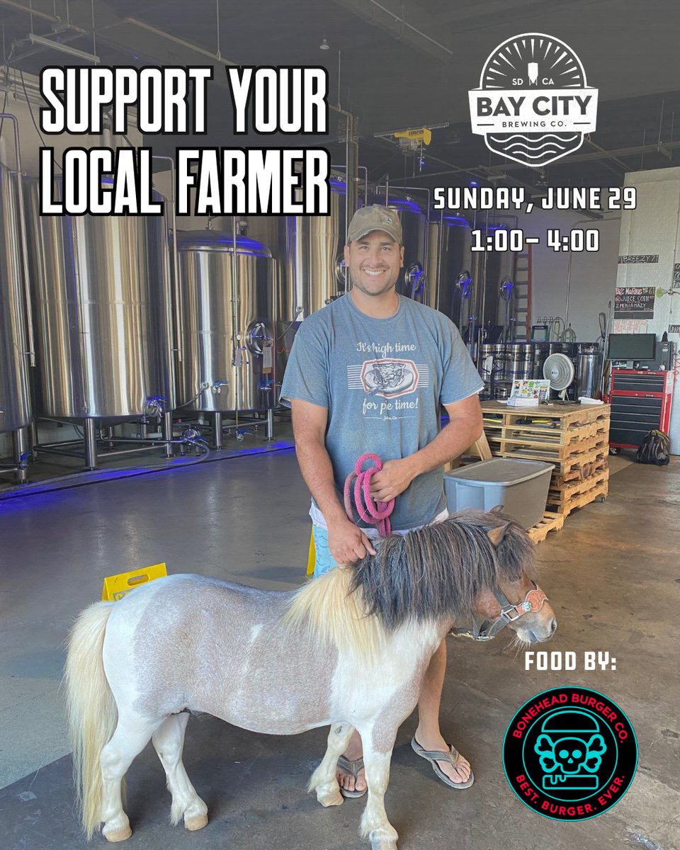 Come see the local farmers who repurpose our spent grain and meet their crew of goats, baby horses, and more 🐐🐴 Join us today, 6/29 at Bay City Point Loma for animals, cold beer, and eats from Bonehead Burger 🍻🍔

📍 3760 Hancock Street

#BayCityBrewing #SanDiegoBrews #FarmDay