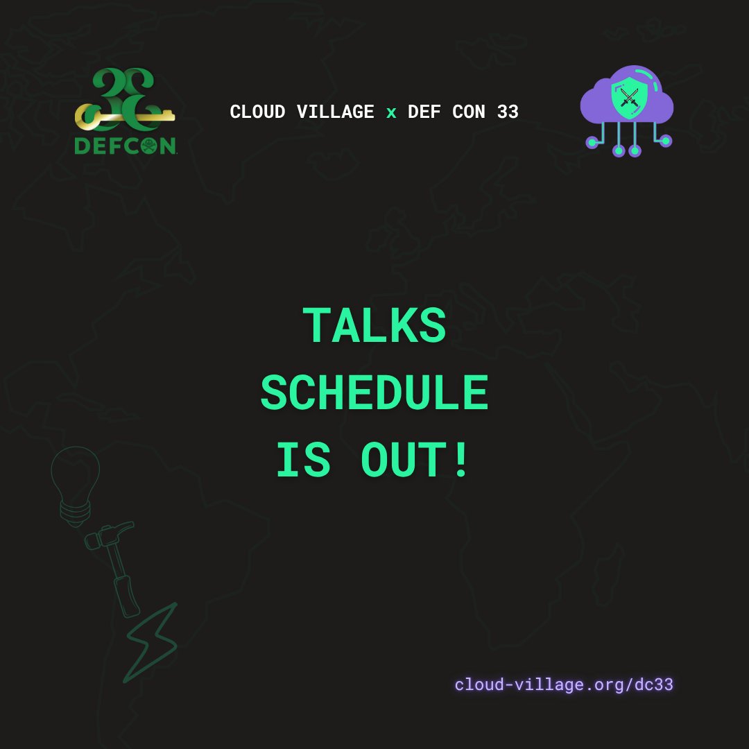 The Cloud Village <a href="/defcon/">DEF CON</a> 33 schedule is LIVE! ☁

Explore a stacked lineup of comprehensive talks, lightning talks, and tool demos; all focused on real-world cloud security.

Line Up: cloud-village.org/dc33#schedule

#CloudVillage #DC33 #DEFCON33 #HackerSummerCamp