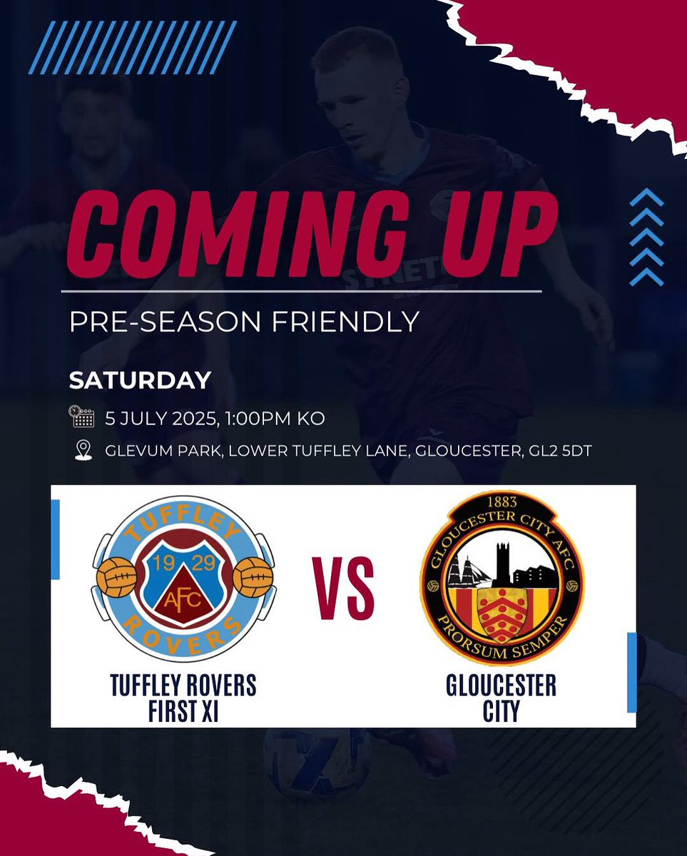 Tuffley Rovers FC (@tuffleyroversfc) on Twitter photo COMING SOON!
We have our first pre-season game on Saturday, 5 July as we welcome <a href="/GCAFCofficial/">Gloucester City AFC</a> to Glevum Park.
There will be a 1pm KO for the main game, with our U18s hosting their City counterparts in a 4:30pm KO after the main event.
#uptherovers COMING SOON!
We have our first pre-season game on Saturday, 5 July as we welcome <a href="/GCAFCofficial/">Gloucester City AFC</a> to Glevum Park.
There will be a 1pm KO for the main game, with our U18s hosting their City counterparts in a 4:30pm KO after the main event.
#uptherovers