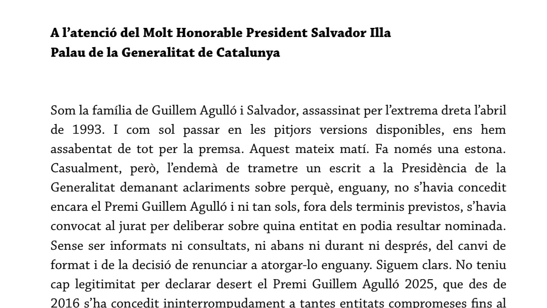 Som_PPCC's tweet image. Carta oberta de la família de Guillem Agulló al govern català davant l'anunci que, enguany, no es convocarà el Premi Guillem Agulló.
ℹ️ directa.cat/app/uploads/20…
Ni oblit ni perdó!