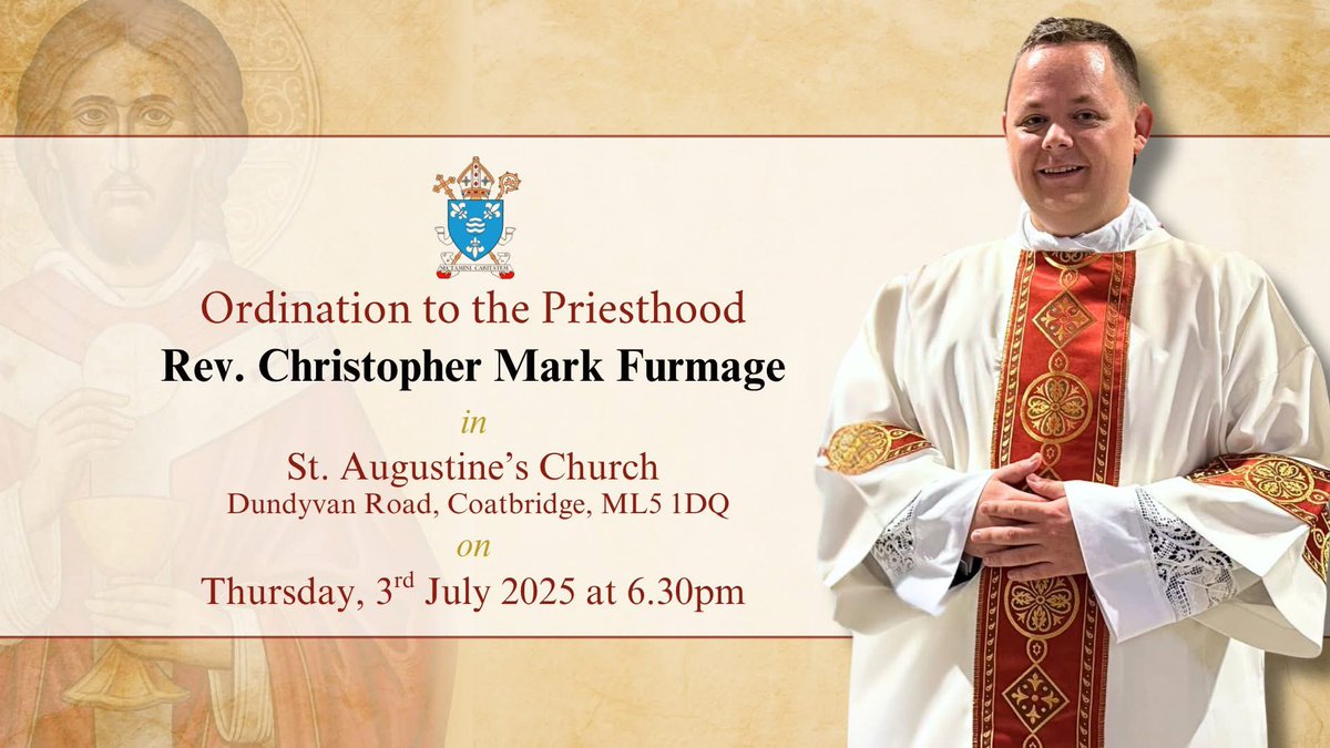 Join us this Thursday, 3rd July at 6.30pm, for the Priestly Ordination of Rev. Chris Furmage!

Please keep Chris in your prayers as he prepares to give his life to God in this beautiful vocation.

📍 His First Mass will take place at St Augustine’s this Friday, 4th July at 3.00pm