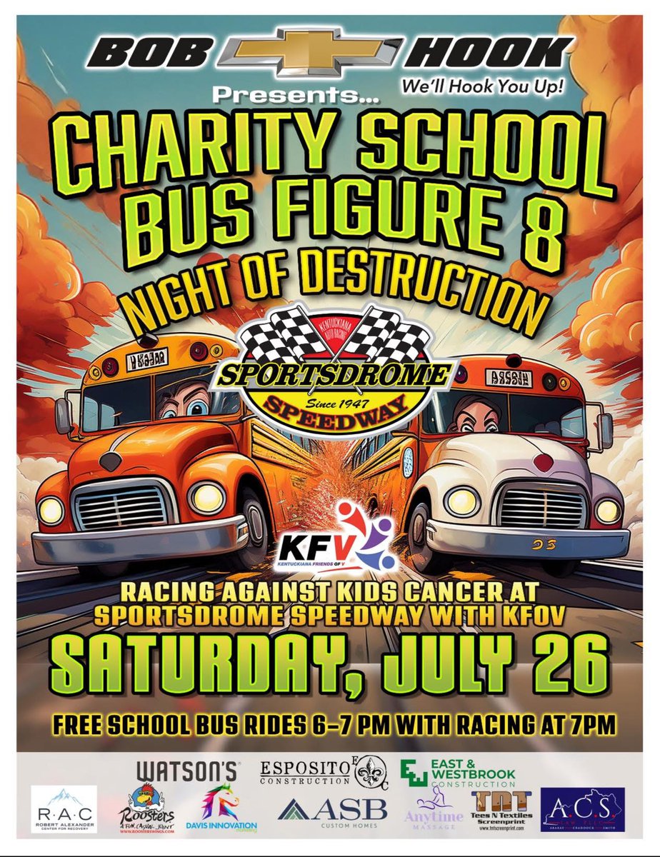 Kentuckiana Friends of V (@kyfriendsofv) on Twitter photo 🚨Announcement! As if the <a href="/BobHookChevy/">Bob Hook Chevrolet</a> Bus Race & Night of Destruction at Sportsdrome Speedway wasn't enough in our fight against cancer, so thrilled to hear UofL Football Coach <a href="/JeffBrohm/">Jeff Brohm</a> will be the official race starter! JOIN US for the fun! Buy tix: myracepass.com/tracks/2606/ti… 🚨Announcement! As if the <a href="/BobHookChevy/">Bob Hook Chevrolet</a> Bus Race & Night of Destruction at Sportsdrome Speedway wasn't enough in our fight against cancer, so thrilled to hear UofL Football Coach <a href="/JeffBrohm/">Jeff Brohm</a> will be the official race starter! JOIN US for the fun! Buy tix: myracepass.com/tracks/2606/ti…