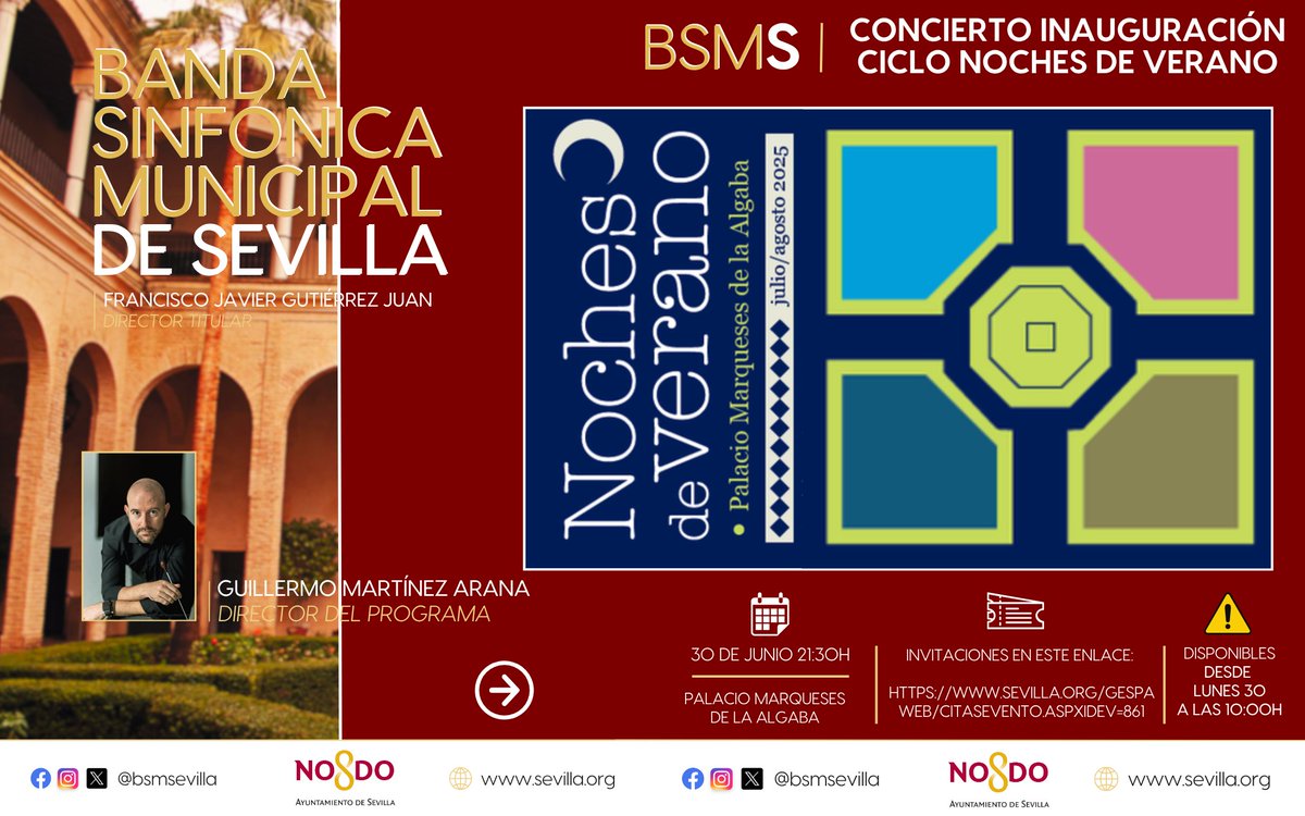 Banda Sinfónica Municipal de Sevilla (@bsmsevilla) on Twitter photo 🎷Arranca el 𝗖𝗶𝗰𝗹𝗼 𝗡𝗼𝗰𝗵𝗲𝘀 𝗱𝗲 𝗩𝗲𝗿𝗮𝗻𝗼 en el Palacio Marqueses de la Algaba con la <a href="/BSMSevilla/">Banda Sinfónica Municipal de Sevilla</a> en modo Big Band
📅 Lunes 30 junio ⏰ 21:30h
🎟 Invitaciones Lunes 30 de junio desde las 10:00h en: sevilla.org/GespaWeb/Citas…
Info: sevilla.org/pal.../eventos…
<a href="/Ayto_Sevilla/">Ayuntamiento de Sevilla</a> 🎷Arranca el 𝗖𝗶𝗰𝗹𝗼 𝗡𝗼𝗰𝗵𝗲𝘀 𝗱𝗲 𝗩𝗲𝗿𝗮𝗻𝗼 en el Palacio Marqueses de la Algaba con la <a href="/BSMSevilla/">Banda Sinfónica Municipal de Sevilla</a> en modo Big Band
📅 Lunes 30 junio ⏰ 21:30h
🎟 Invitaciones Lunes 30 de junio desde las 10:00h en: sevilla.org/GespaWeb/Citas…
Info: sevilla.org/pal.../eventos…
<a href="/Ayto_Sevilla/">Ayuntamiento de Sevilla</a>
