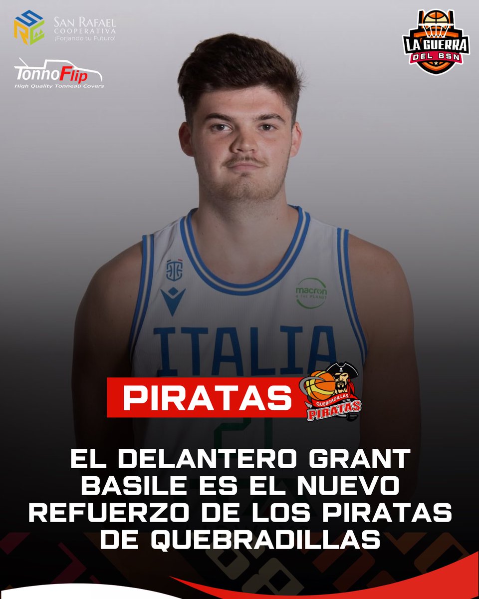 #BSNPR | OFICIAL: El alero/delantero italiano/estadounidense Grant Basile es el nuevo refuerzo de los Piratas de Quebradillas en sustitución de AJ John Jr para la postemporada 2025.

📊 Basile tiene 25 años, mide 6’8 y viene de promediar 16.3 PPJ, 5.6 RPJ y 41% en triples en 28