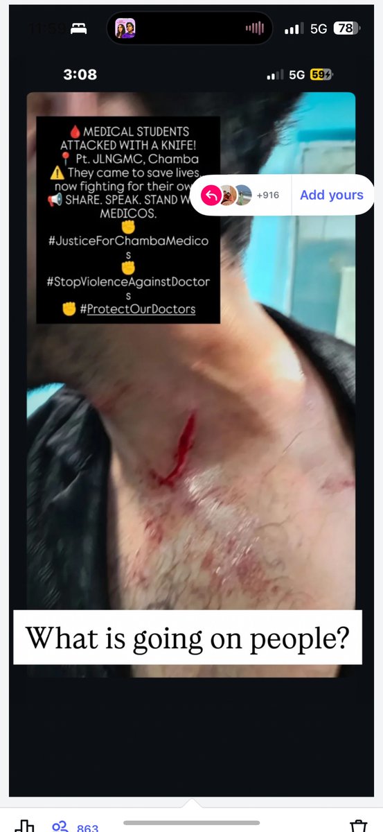 🔴 This is barbaric.

Medical students at Pt. JLNGMC Chamba attacked with a knife while serving humanity.

Doctors are not punching bags. We are not sacrificial goats for systemic failures.

We demand:
⚠️ Immediate arrest of attackers
⚠️ Implementation of a stronger Doctors’