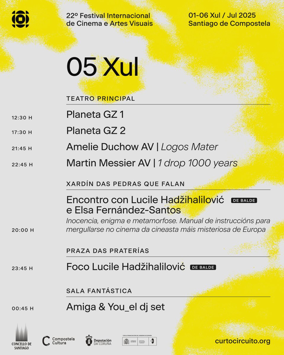CURTOCIRCUÍTO (@fcurtocircuito) on Twitter photo 💙 Isto vai chegando ao final. Sábado completo de filmes, live av, encontros con cineastas e dj sets para unha xornada máis en #Curtocircuíto2025!
👉🏽 Coñece a programación completa en curtocircuito.org
<a href="/CCultura/">Compostela Cultura</a> <a href="/DACCultura/">Cultura Depu. Coruña</a> <a href="/CineICAA/">ICAA</a> 💙 Isto vai chegando ao final. Sábado completo de filmes, live av, encontros con cineastas e dj sets para unha xornada máis en #Curtocircuíto2025!
👉🏽 Coñece a programación completa en curtocircuito.org
<a href="/CCultura/">Compostela Cultura</a> <a href="/DACCultura/">Cultura Depu. Coruña</a> <a href="/CineICAA/">ICAA</a>