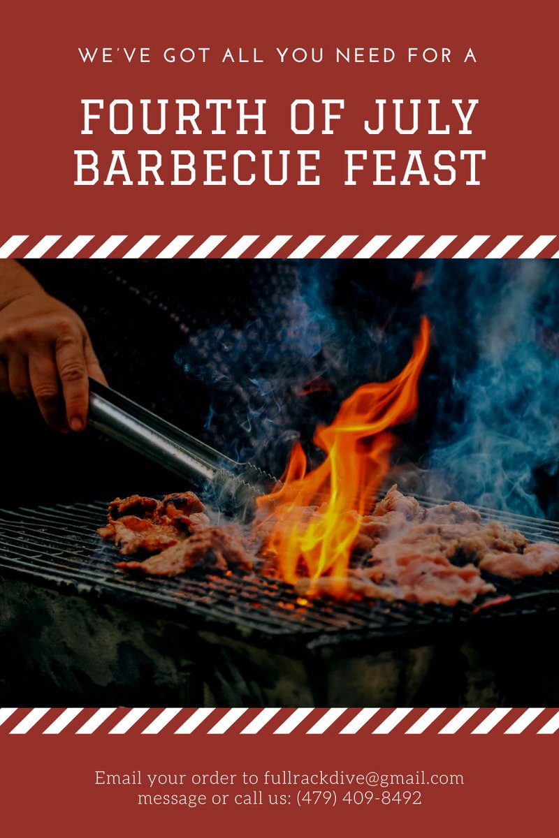 FullRackDiveBBQ's tweet image. Let Freedom Wing with us for the 4th of July festivities! We’re cooking, let us take care of your food needs while you enjoy the fun, and fireworks. Taking orders through July 2nd, and we will get you all fixed up for the holidays.
fullrackdive@gmail.com (479) 409-8492