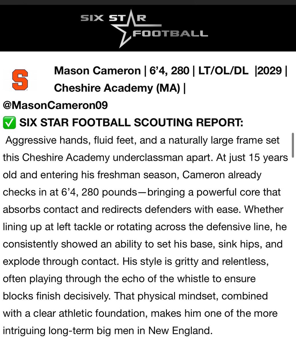MasonCameron09's tweet photo. Thank you for the write up @sixstarfootball from the @CuseFootball camp. Had an amazing time learning and developing. 
@NE6FB_Recruits 
@allpraisesdue7 
@CoachAmbro315 
@DimitriHill5 
@Coach_Mella 
@CAcatsFB1794 https://t.co/0ZLc9BBfDH