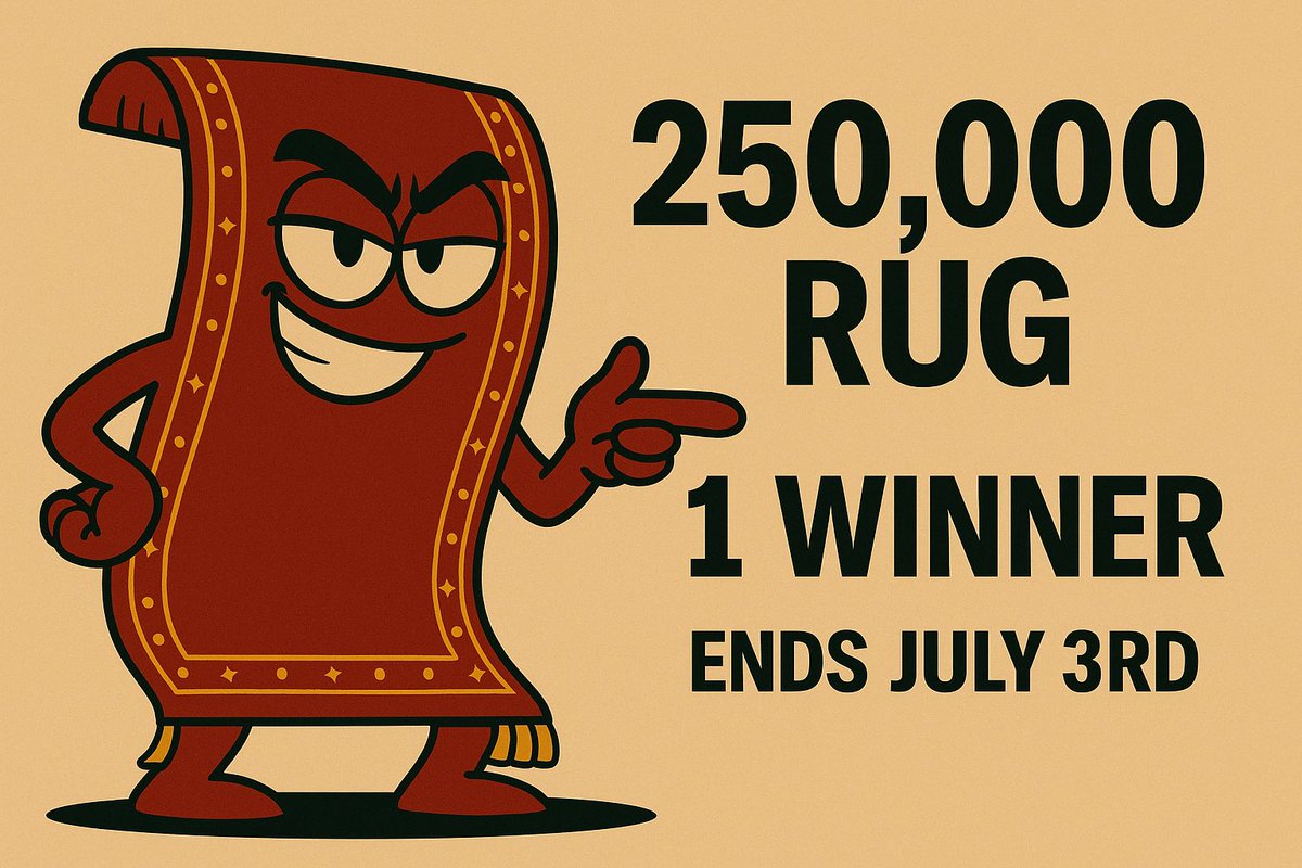 RugCoin_pull's tweet image. 🚨 250,000 $RUG Giveaway 🚨
While the presale’s delayed, one of you gets everything.

🏆 1 winner
💰 250,000 RUG ($250)

To enter:
1.Follow @RugCoin_pull 
2.Like + RT
3.Tag 2 degens below
4.Wait for destiny

Winner announced: July 3rd

#RugPullCoin #Giveaway…