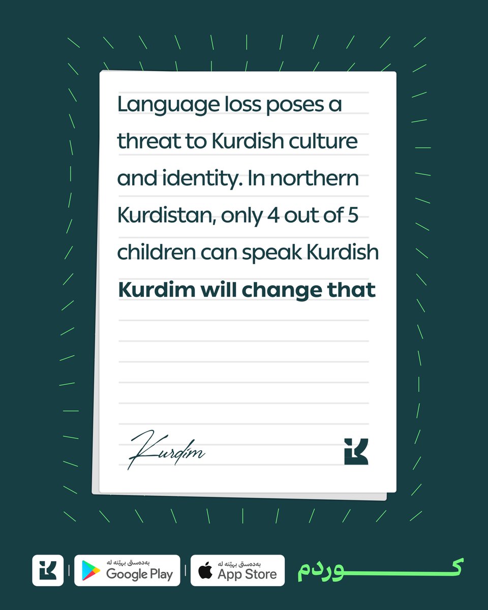 KurdimApp's tweet photo. English
In Northern Kurdistan, only 4 out of 5 children can speak Kurdish.
کوردی
لە باكووری كوردستان لە 5 منداڵ تەنها 4 دانەیان دەتوانن بەكوردی بدوێن. https://t.co/WjaajHZiKq