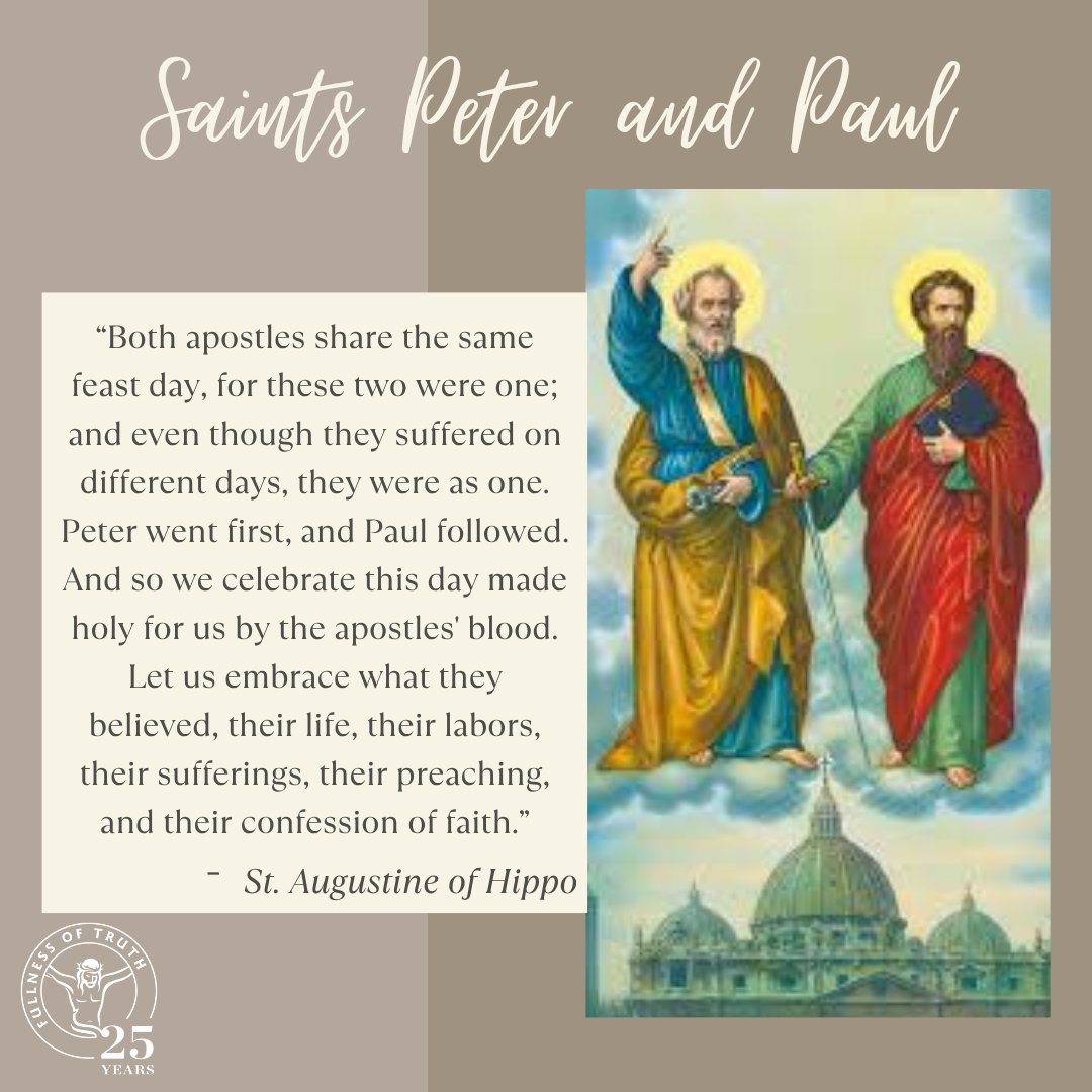FullnessOfTruth's tweet photo. Today we celebrate the Feast of Saints Peter and Paul—two pillars of the Church whose courage, faith, and sacrifice helped lay the foundation of Christianity. Though different, both gave their lives for Christ and remind us to live the Gospel.

Saints Peter and Paul, pray for us! https://t.co/8E15HAKYEZ