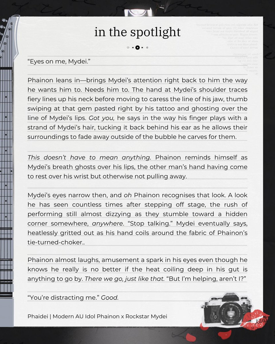 mikarin_Z's tweet image. ⋆✮ in the spotlight
☀️🍷 #phaidei fic | idol phainon x rockstar mydei | childhood friends | exes to lovers
✧ chapter 2 — eyes on me (just keep watching)
It’s not like Phainon misses Mydei, but that’s hard to deny with Mydei’s body pressed against his in a photoshoot
🔗⬇️🎸