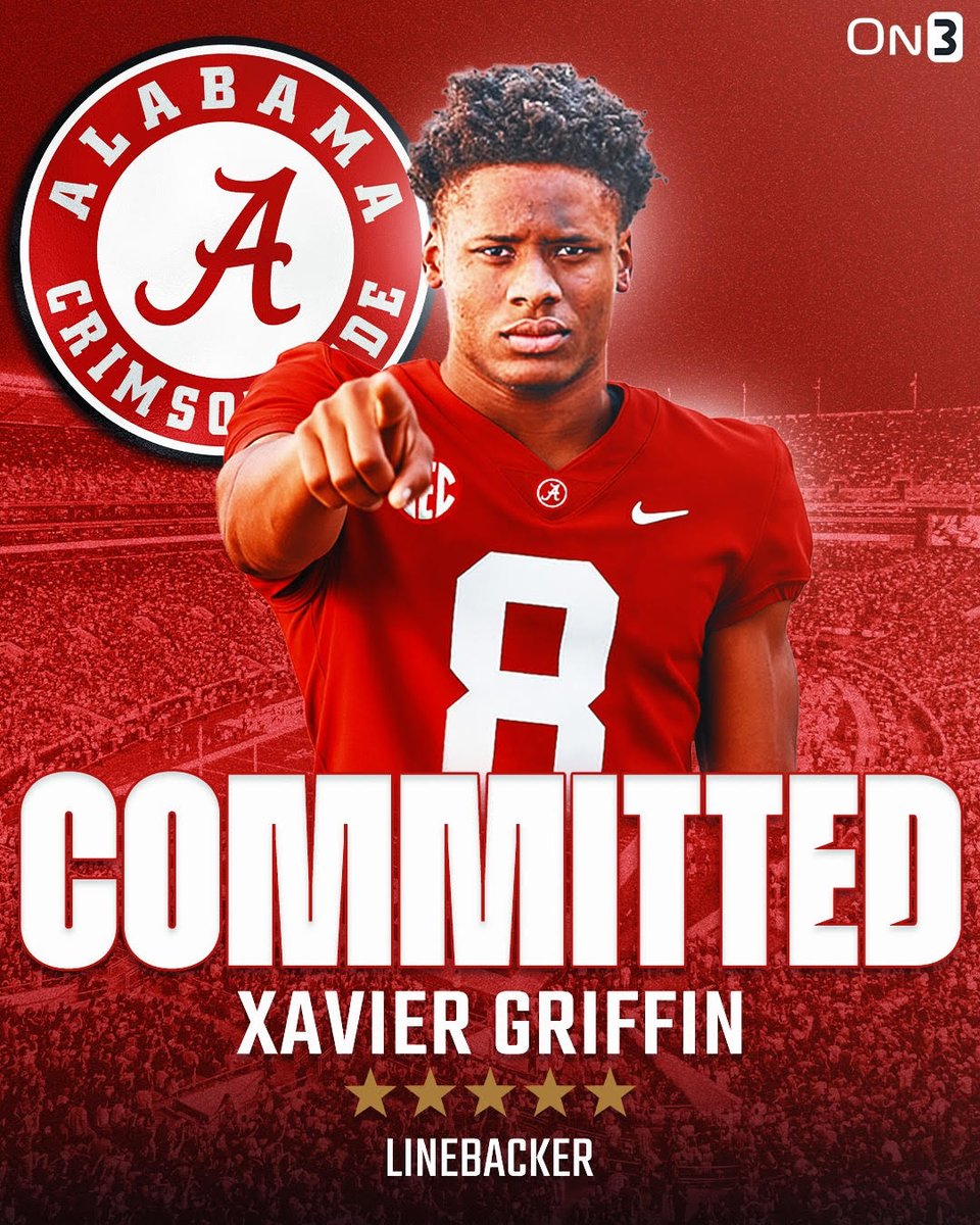 BREAKING: Five-star LB Xavier Griffin commits to Alabama

Griffin chose the Crimson Tide over Texas, Ohio State and FSU

Major recruiting win for UA led by the effort of <a href="/crob45/">Christian Robinson</a> 

Inside the recruitment of the elite prospect:
🔗on3.com/teams/alabama-…

Roll Tide