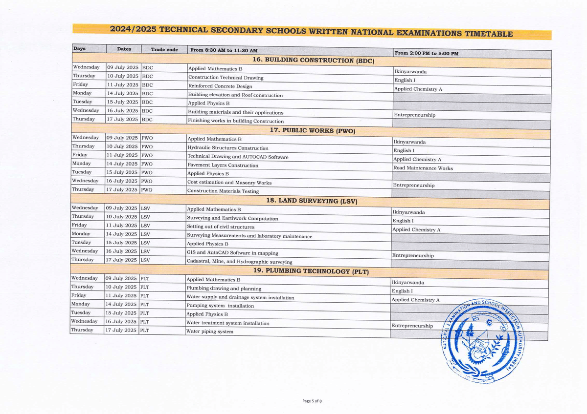 Advanced Level Time Table The Advanced Level : Technical Secondary School (TSS) National Exams ...