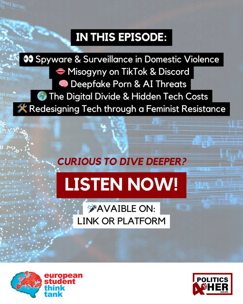 NEW PODCAST EPISODE! 🎧 We’re diving into how digital spaces are shaping women’s roles, identities, and rights — from AI bias to influencer culture and the digital gender gap.

Brought to you by the EST in collaboration with Politics 4 Her.

Listen here: spotifycreators-web.app.link/e/RjcTtnhlBUb