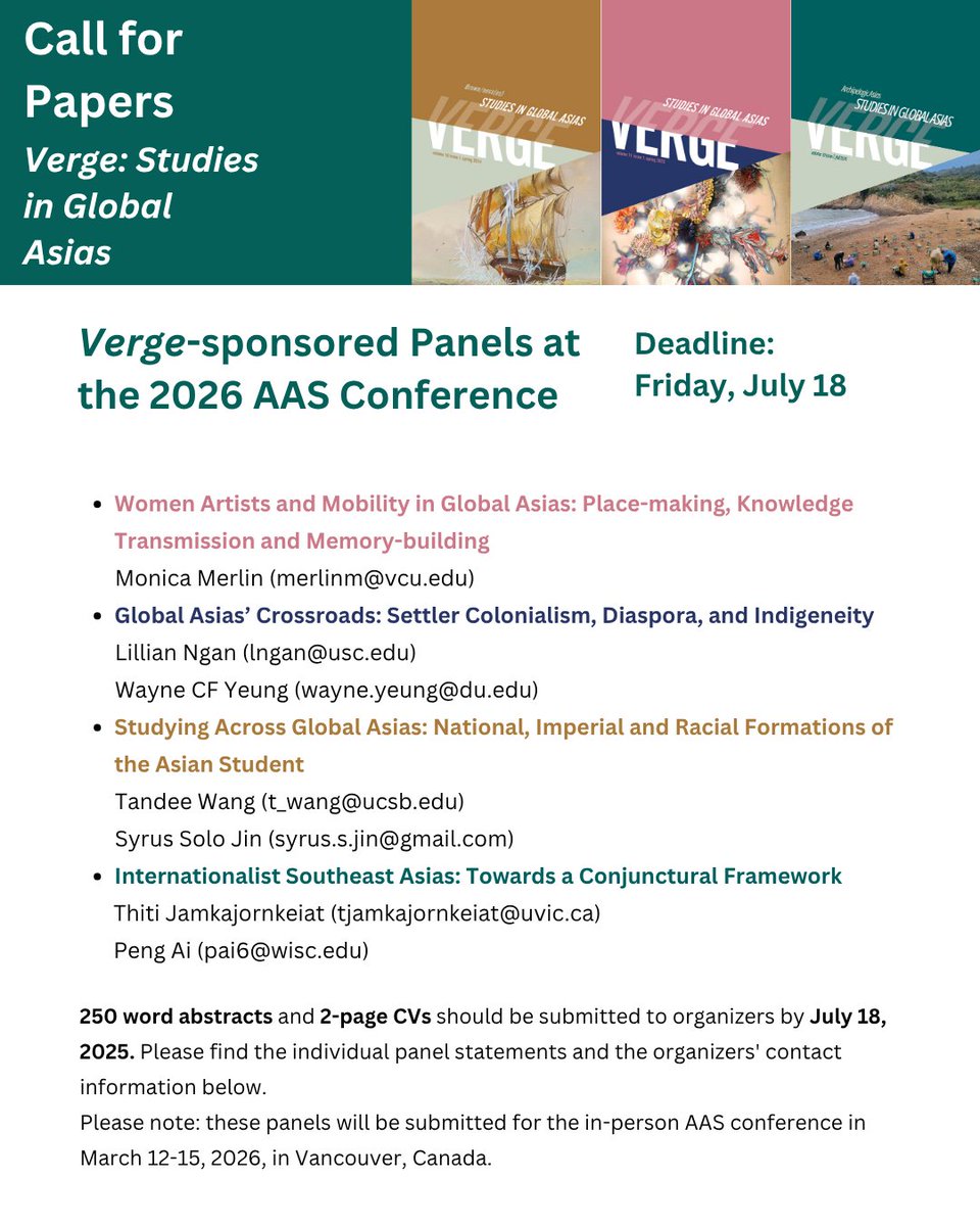 Verge sponsored panels for the Association for Asian Studies (AAS) 2026 Conference are seeking papers. Interested parties please see attached or go to: bit.ly/44EEGrj
Submission Deadline: July 18, 2025