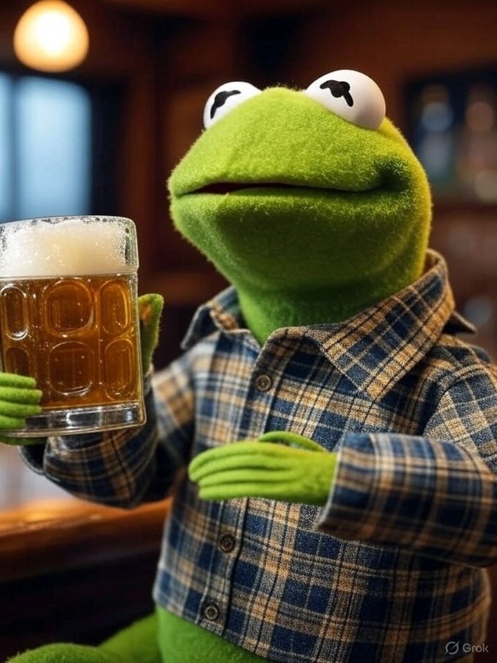 seawhy29's tweet image. Asked grok to create an image of Kermit the Frog drinking a beer.