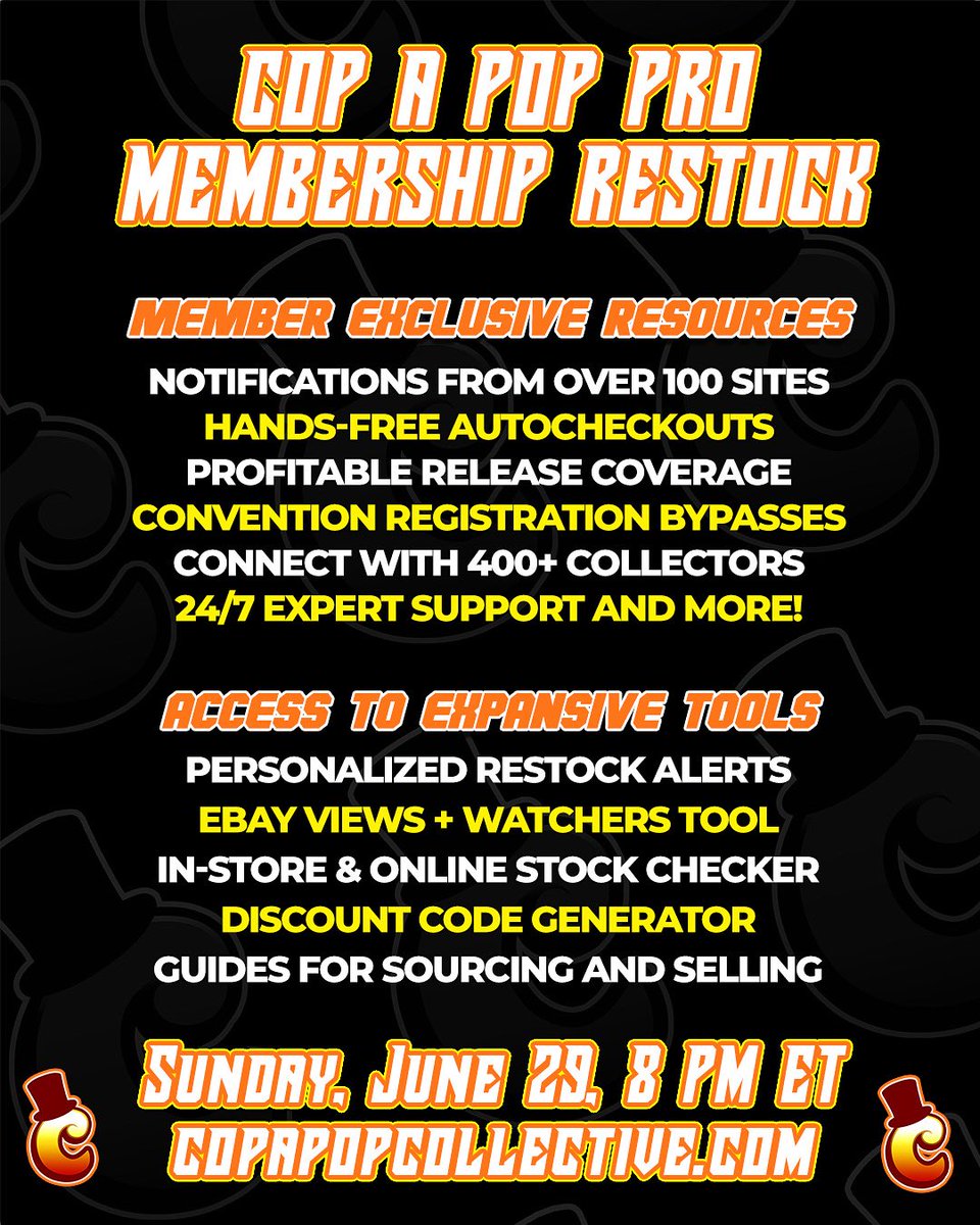 Cop A Pop Pro Memberships Restock TODAY, Sunday, June 29 at 8 PM ET exclusively on copapopcollective.com! 💥 

Cop A Pop covers ALL THINGS collectible! Text RESTOCK to 844-570-1189 to receive a reminder before the restock! 📲 

#FunkoPOPNews #Funko #FunkoPop #fundays2025