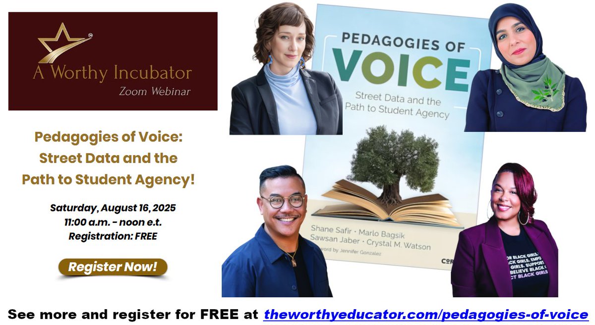 Join <a href="/ShaneSafir/">Shane Safir</a> , <a href="/marlobagsik/">Marlo Bagsik</a> , Sawsan Jaber and <a href="/_CrystalMWatson/">Crystal M. Watson</a> for this celebration of their book, #Pedagogies of #Voice just coming out in August addressing this important topic in education! theworthyeducator.com/pedagogies-of-… #twe #edchat #edutwitter #edreform #edleadership
