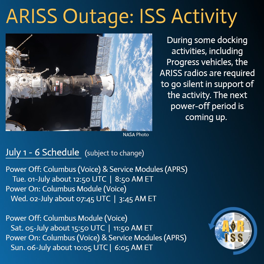 ARISS radio outage upcoming.

Due to the upcoming Progress mission, the Service module radio (packet/APRS) is scheduled to go off on 7/1 and remain off until 7/6.  
The Columbus module voice repeater will go off on 7/1 and 7/5.   See the graphic for specific times.