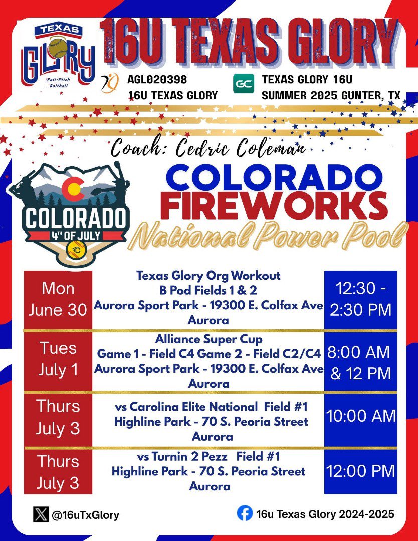 ryleighhall2027 (@ryleighhall2027) on Twitter photo Week 2 of Colorado starts tomorrow with <a href="/ondecksoftball/">OnDeck Softball π₯</a> Colorado jamboree followed by Alliance Super Cup Finals and the Colorado Fireworks National Power Pool! GO GLORY!! β€οΈπ
<a href="/16uTxGlory/">16u Texas Glory</a> Week 2 of Colorado starts tomorrow with <a href="/ondecksoftball/">OnDeck Softball π₯</a> Colorado jamboree followed by Alliance Super Cup Finals and the Colorado Fireworks National Power Pool! GO GLORY!! β€οΈπ
<a href="/16uTxGlory/">16u Texas Glory</a>