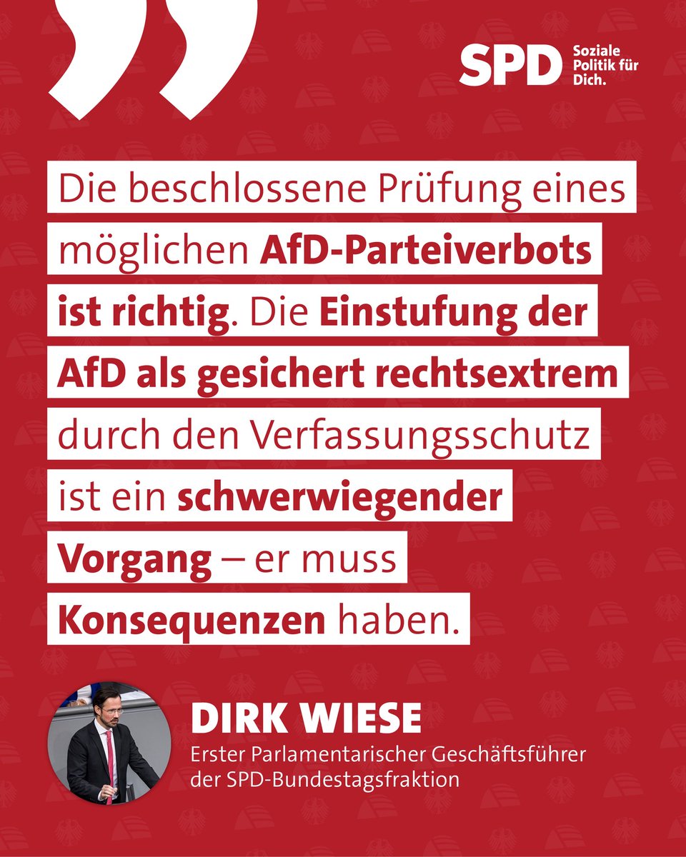 seeheimer's tweet image. Ein klares Zeichen gegen Rechts!
Die Prüfung eines möglichen Parteiverbots der AfD ist richtig. Die Einstufung der AfD als gesichert rechtsextrem durch den Verfassungsschutz ist ein schwerwiegender Vorgang, der Konsequenzen haben muss.
Der Rechtsstaat darf nicht zögern. Wenn…