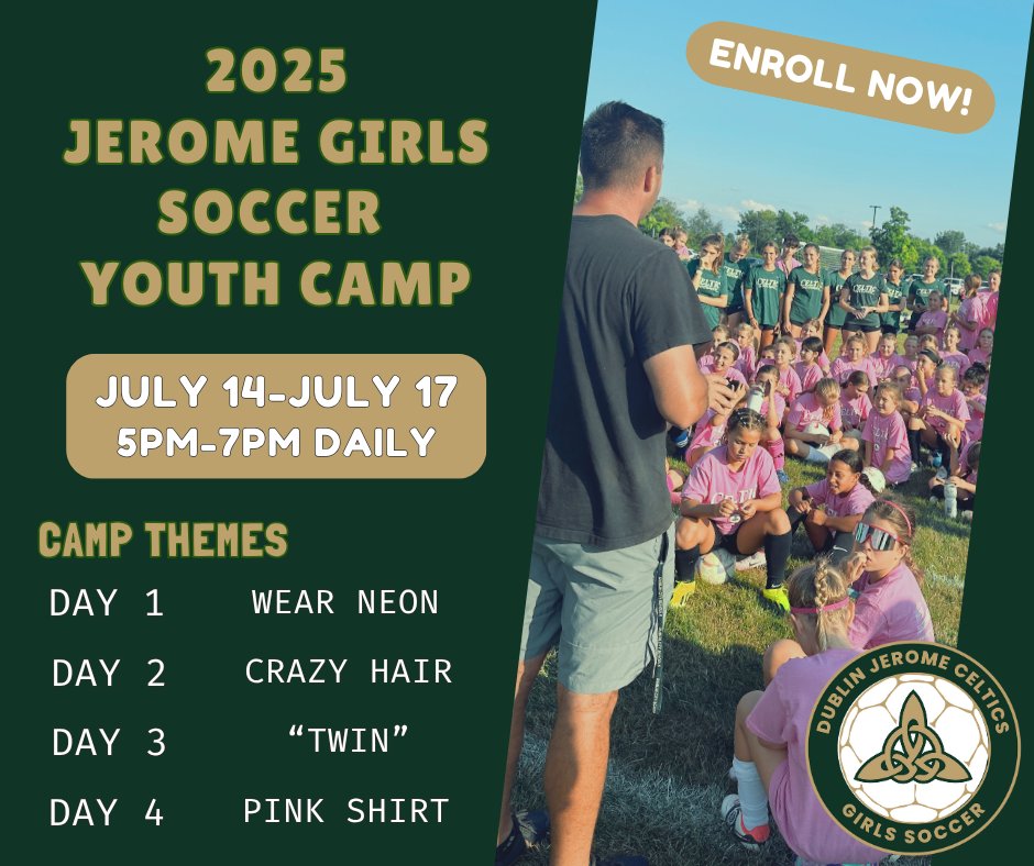 DJGirlsSoccer's tweet image. ⚽ Girls K–8: Camp themes just dropped! 🎉 Join the fun with Jerome players &amp;amp; coaches!
🎽 Register by July 1 to snag your camp t-shirt!
docs.google.com/forms/d/e/1FAI…

#JeromeGirlsSoccer #FutureCelts #SoccerCampFun