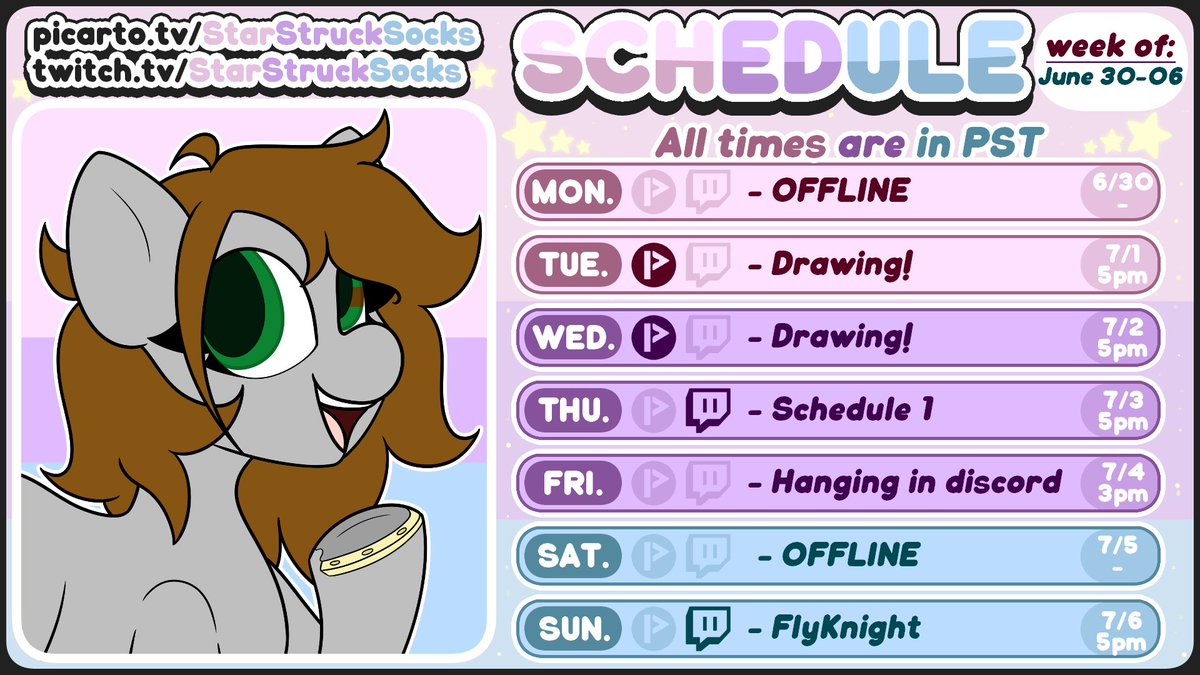 StarStruckSocks's tweet photo. Here's this week's stream schedule!! I'll still post announcements the day of, but here's a heads up of what I got lined up for y'all!

(psst, if you're in my server you already saw this yesterday! Isn't that neat?) https://t.co/xzH3hGRU5l
