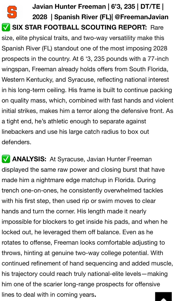 Javian Hunter Freeman (@freemanjavian) on Twitter photo Thank you <a href="/sixstarfootball/">Six Star Football | PLUS+</a> for the great write-up 💪🏽💯. <a href="/CuseFootball/">Syracuse Football</a> <a href="/CoachNickWill/">Nick Williams</a> <a href="/Coach_2CAP/">Tommy Caporale</a> <a href="/247Sports/">247Sports</a> <a href="/On3sports/">On3</a> <a href="/Rivals/">Rivals</a> <a href="/RivalsFriedman/">Adam Friedman</a> <a href="/CoachHallSr/">Coach Mike Hall</a> <a href="/mikehall_32/">Mike Hall Jr., CSCS, PTA</a> <a href="/SpanishRiverFB/">Spanish River Sharks</a> <a href="/ChadSimmons_/">ChadSimmons</a> <a href="/JerryRecruiting/">Rising Stars</a> Thank you <a href="/sixstarfootball/">Six Star Football | PLUS+</a> for the great write-up 💪🏽💯. <a href="/CuseFootball/">Syracuse Football</a> <a href="/CoachNickWill/">Nick Williams</a> <a href="/Coach_2CAP/">Tommy Caporale</a> <a href="/247Sports/">247Sports</a> <a href="/On3sports/">On3</a> <a href="/Rivals/">Rivals</a> <a href="/RivalsFriedman/">Adam Friedman</a> <a href="/CoachHallSr/">Coach Mike Hall</a> <a href="/mikehall_32/">Mike Hall Jr., CSCS, PTA</a> <a href="/SpanishRiverFB/">Spanish River Sharks</a> <a href="/ChadSimmons_/">ChadSimmons</a> <a href="/JerryRecruiting/">Rising Stars</a>