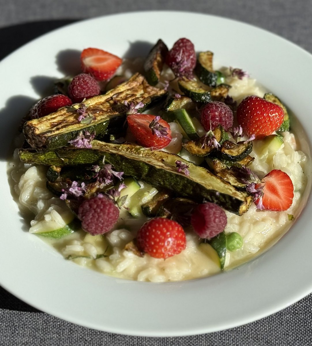 Garden risotto. Courgette, pea and mint. The strawberries and raspberries were so much better than I expected!