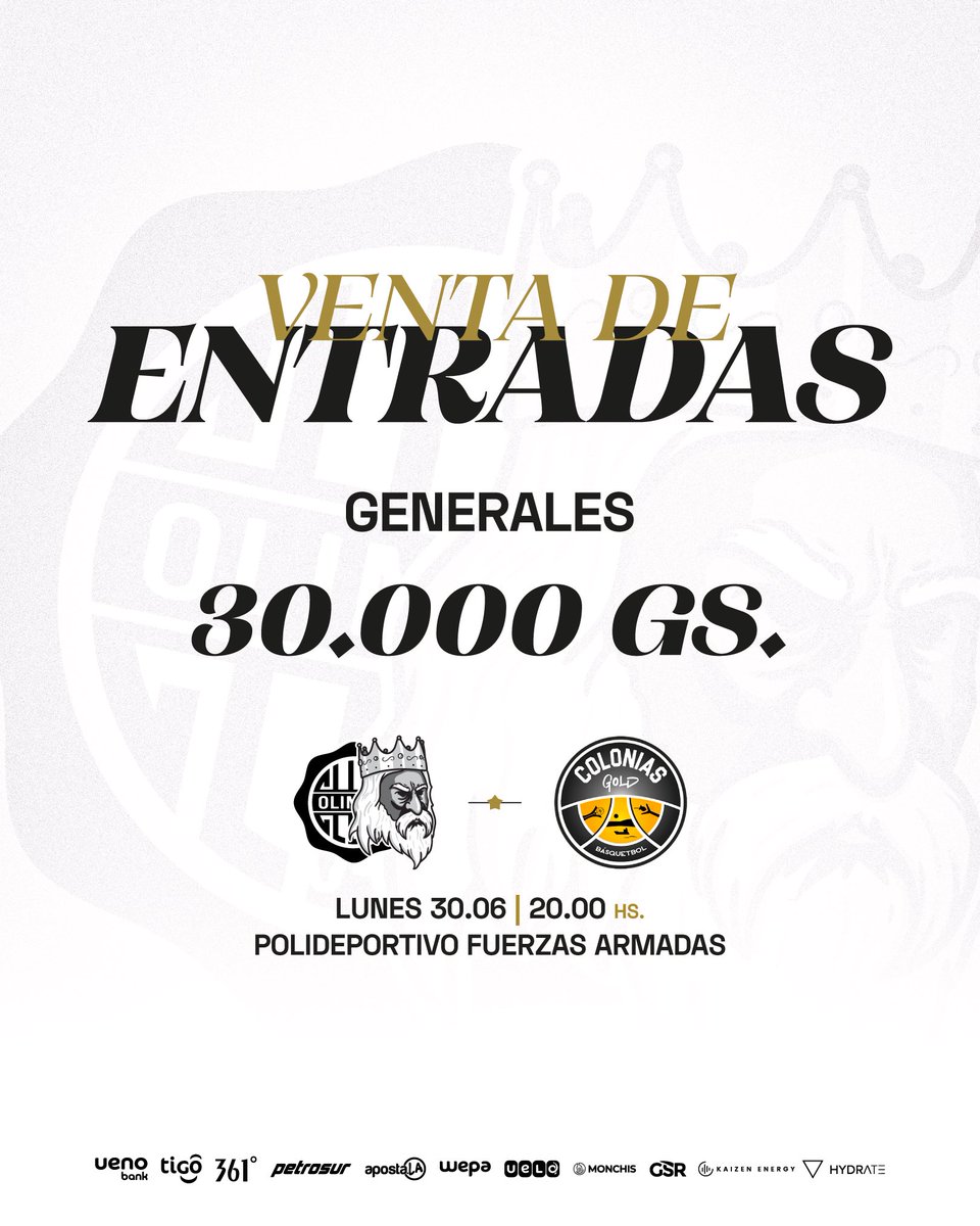 🤩 ¡𝗣𝗢𝗥 𝗘𝗟 𝗦𝗜𝗚𝗨𝗜𝗘𝗡𝗧𝗘 𝗣𝗔𝗦𝗢ⵑ 

En casa y todos juntos, vamos por la clasificación.

¡Que el Polideportivo vuelva a vibrar! 💪🏻🤍🖤🤍

⌚️ 20.00 hs.
🏟️ Polideportivo de las FF.AA.

#Go𝐊𝐈𝐍𝐆𝐒 👑 

#SoyDelOlimpia ⚪⚫⚪️