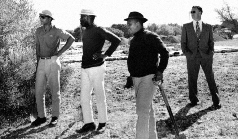 Political Prisoners: Nelson Mandela, Herman Toivo Ja Toivo and Maqina Mpanza. Robben Island prison, 1977.