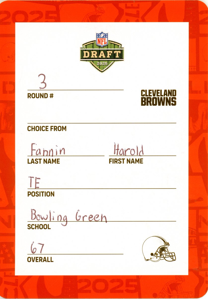 Pro Football Hall of Fame Ambassador (@pfhofambassador) on Twitter photo HAROLD FANNIN JR, <a href="/Browns/">Cleveland Browns</a> TE - Below is the original draft card used to select Fannin with the #67 overall pick in the 2025 NFL Draft from <a href="/BG_Football/">BGSU Football</a>. The card is kept at @profootballhof. #DawgPound #Browns #Cleveland #NFL #NFLUK #NFLDraft #NFLlondon #nfl2025 #NFLTop100 HAROLD FANNIN JR, <a href="/Browns/">Cleveland Browns</a> TE - Below is the original draft card used to select Fannin with the #67 overall pick in the 2025 NFL Draft from <a href="/BG_Football/">BGSU Football</a>. The card is kept at @profootballhof. #DawgPound #Browns #Cleveland #NFL #NFLUK #NFLDraft #NFLlondon #nfl2025 #NFLTop100